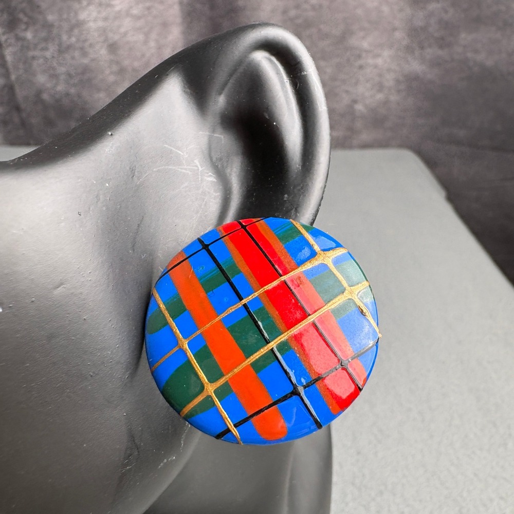 Vintage Hand Painted Plaid Round Stud Earrings Blue Red Gold Statement 1.5"